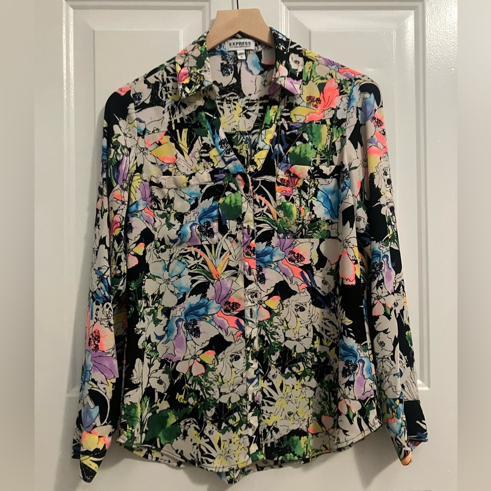 Express-Bright, Multi- Colored, Floral Button- Up… - image 1